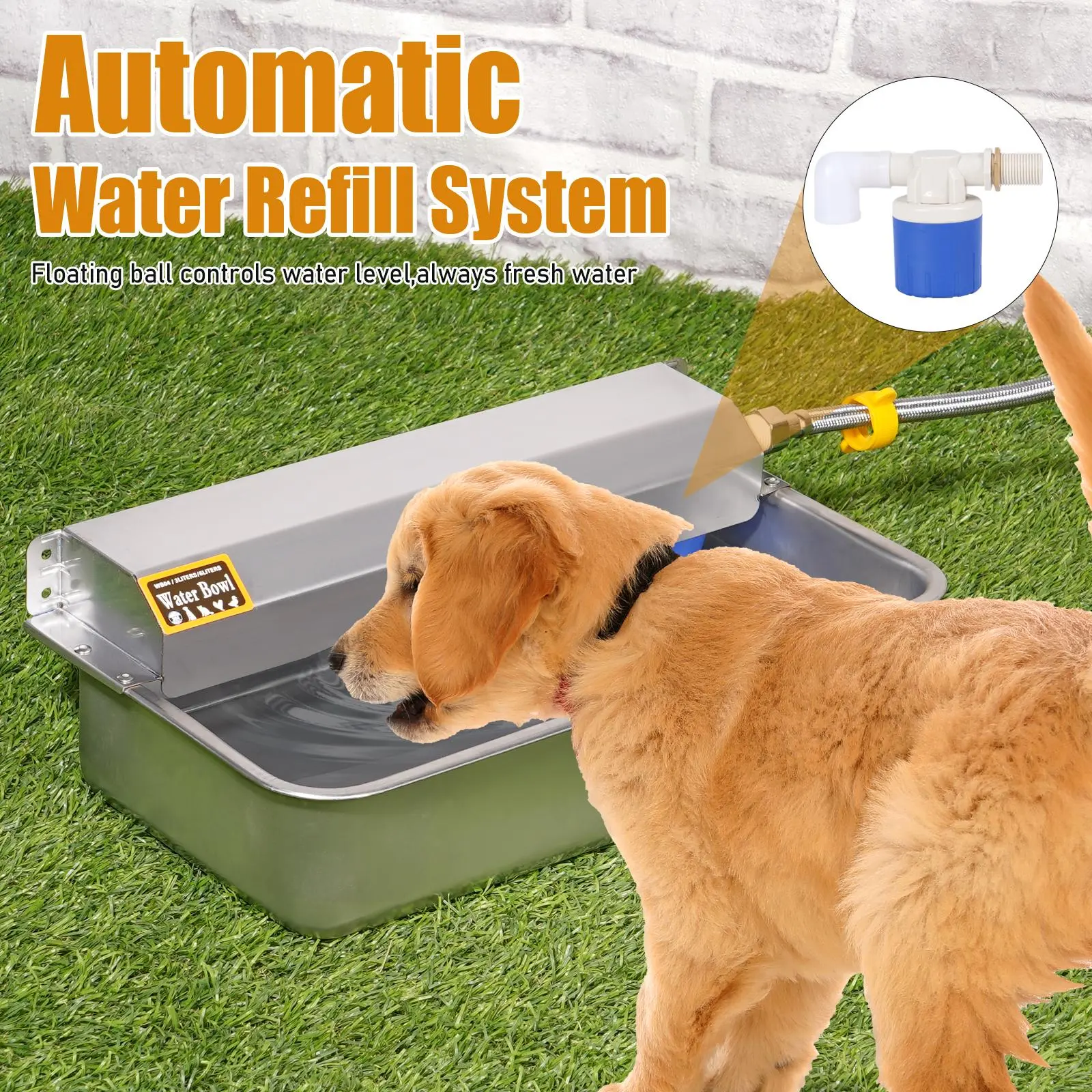 6L/203oz Large Capacity Automatic Watering Fountain for Dogs & Horses, Stainless Steel Square Bowl, Outdoor-Use, All Seasons Compatible, Easy to Clean, Includes Hose & Installation Accessories, No Hassle Setup