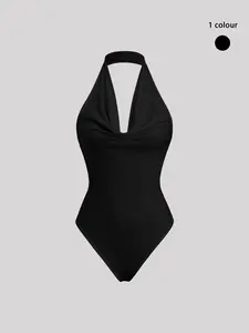 Women's Fashion Casual Versatile Slim Fit Solid Color V-Neck Halter Jumpsuit, Womenswear, Stylish All-Season Wear, Perfect for Daily Bodysuits