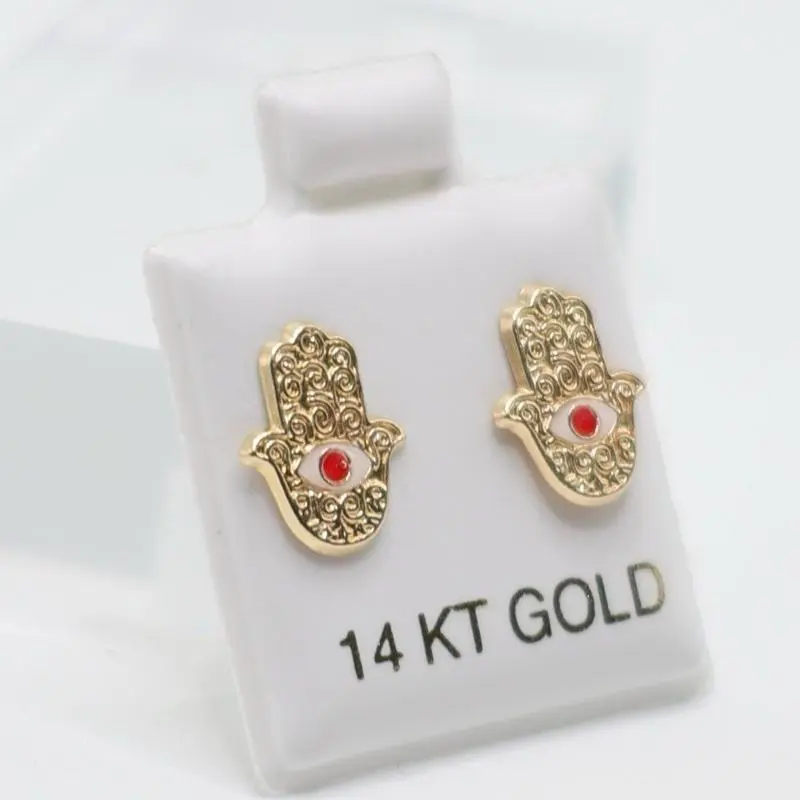 14K Gold Hamsa Stud Earrings with Red Eye - Elegant Design for Women & Girls