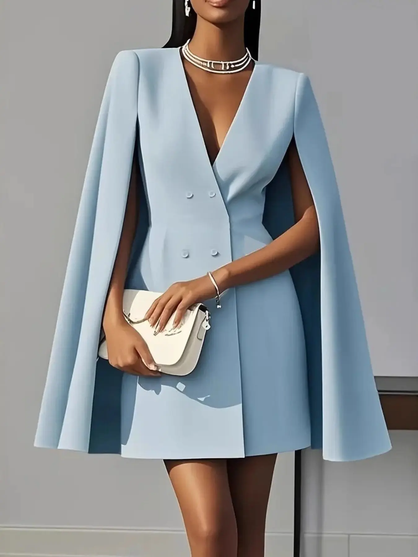 Women's Spring Autumn Chic Elegant Commuter Long Sleeve Dress, Fashion Dress, Solid Color Blazer Style Formal, Dual Button Shawl Cape Design, Ideal for Daily Wear & Office, Fitted