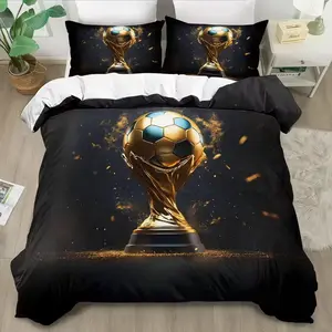 3-Piece Football Trophy Print Bedding Set, Soft Breathable Fabric, Bedroom Decoration, Decorative Bedding Set, Ideal for Sports Fans' Rooms