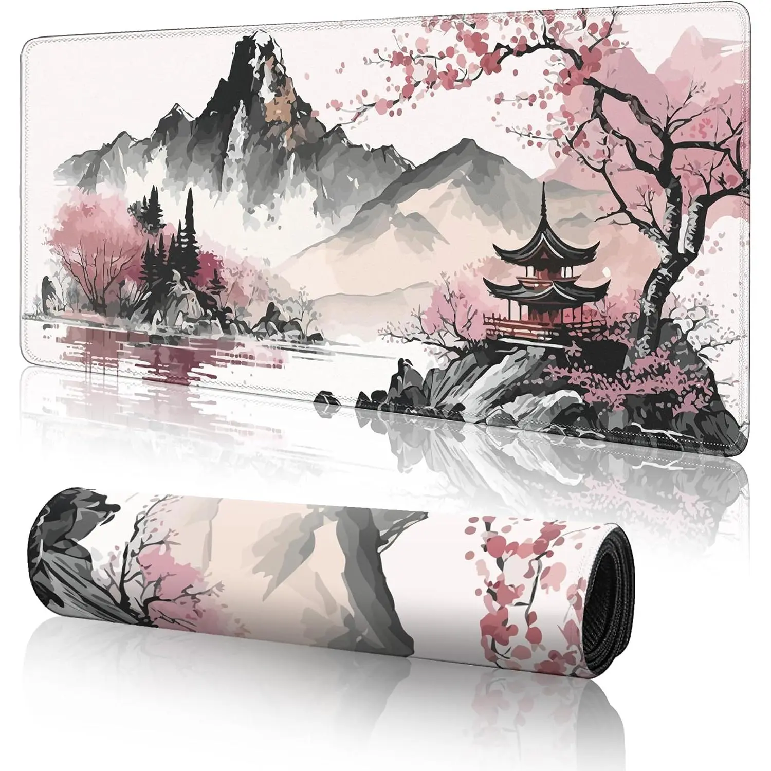 Watercolor Cherry Blossom Large Gaming  Pad, Pad Gaming 31.5 x 11.8 in  Mat Desk Pad,Large Desk Mat,Extended Keyboard Mousepad with Non-Slip Base and Stitched Edge for Desk  Office