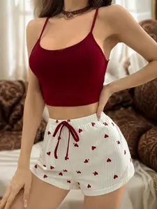 Women's Colorblock Print Crop Tank Top & Shorts Pyjama Two-Piece Set, Casual Comfy Sleeveless Top & Shorts PJ Set, Ladies Summer Sleepwear