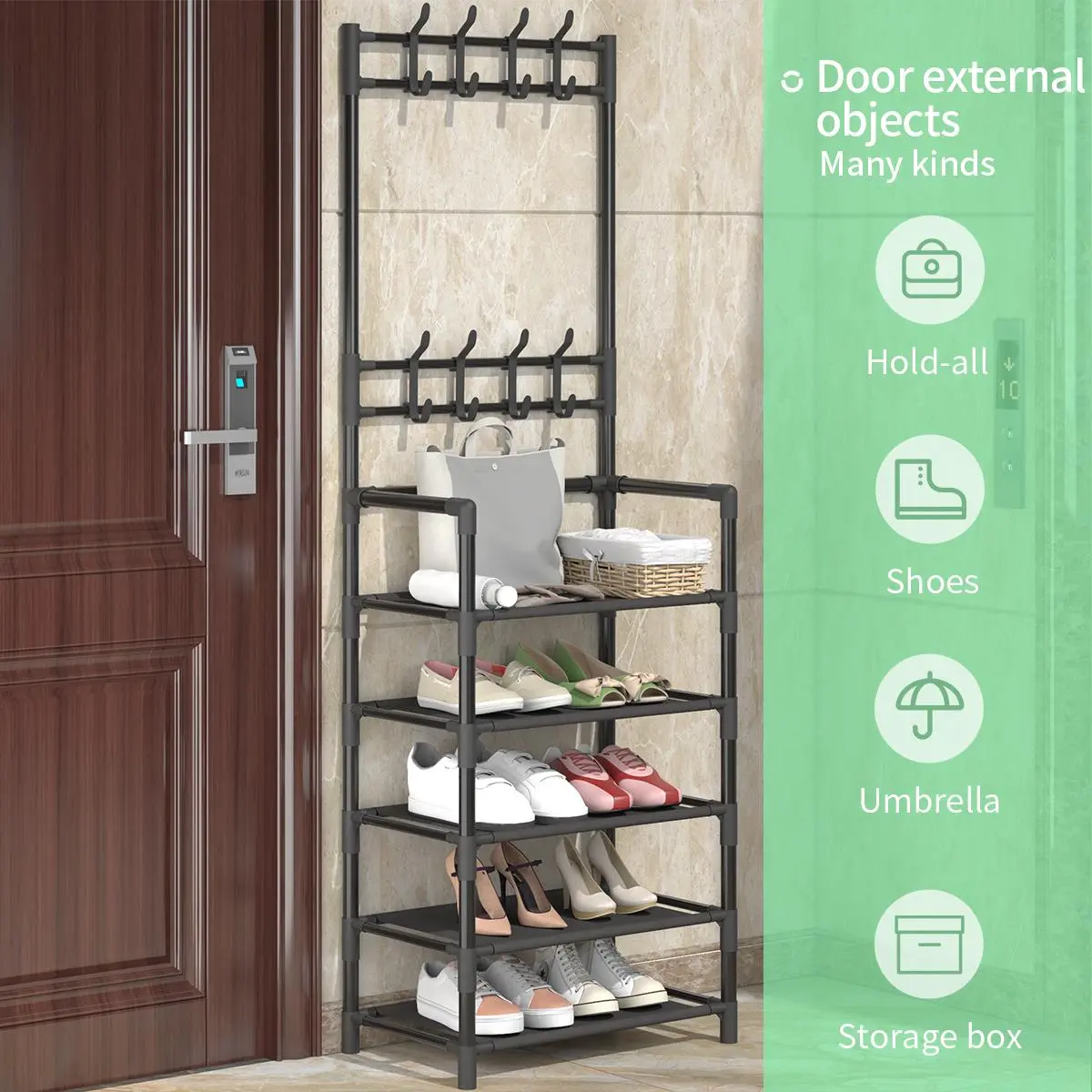 Multi-layer Shoe Rack, 1 Set 4/5 Layer Standing Shoe Storage Rack with 8 Hooks, Home Organizer for Bedroom, Hallway, Office, Living Room