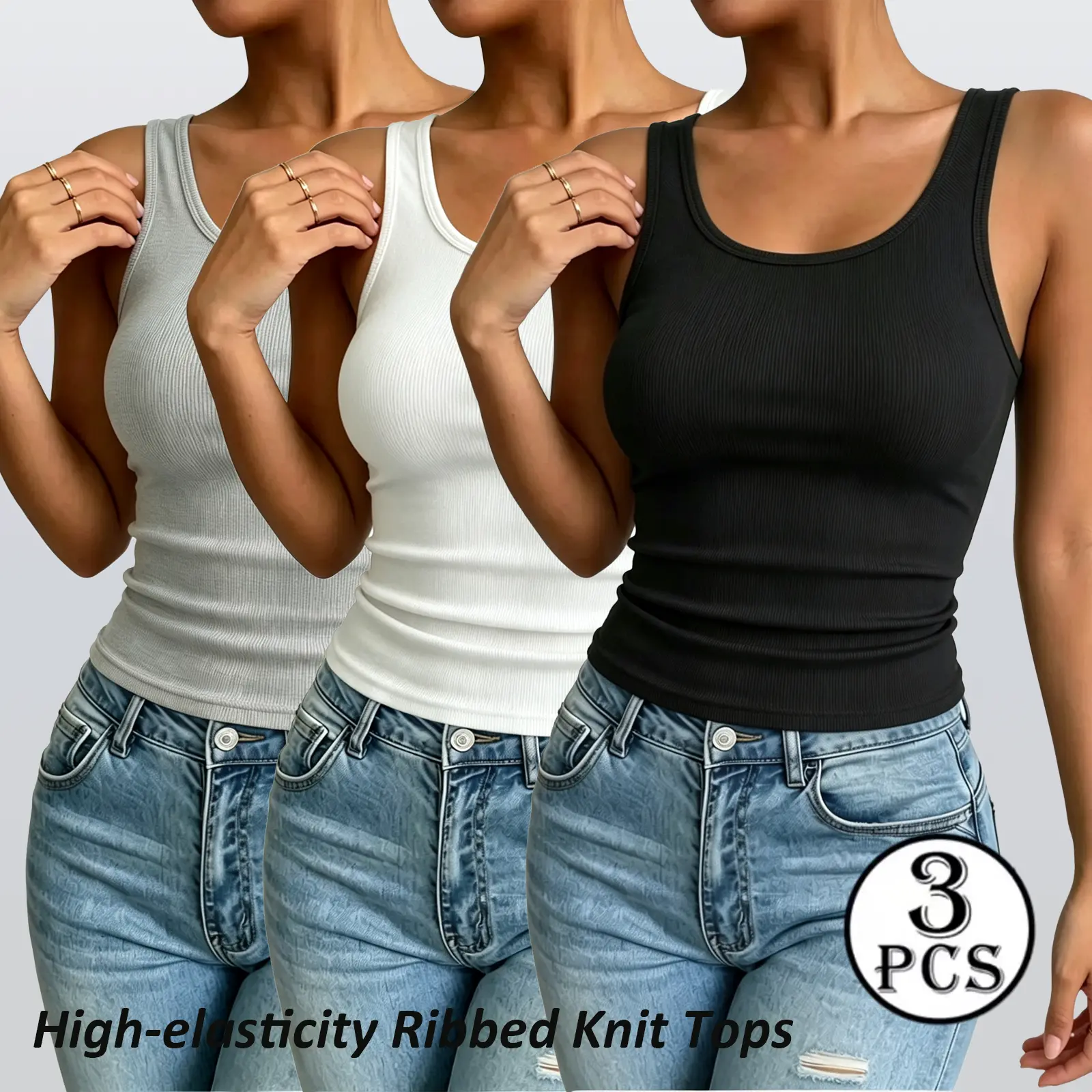 High-Elasticity Ribbed Knit Tops  3 Pack Comfortable & Versatile Tank Tops for Everyday Wear,Women U Neck Ribbed Tank Top Slim Fit Sleeveless Crop Top Stretch Knit Basic Casual Layering Vest,Casual Womenswear Elegance Style Fit Basic Minimalist Sleeveless