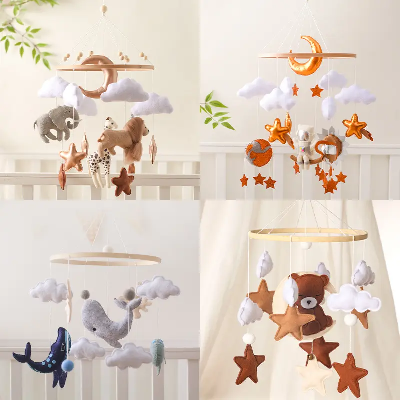 Engineering Vehicle & Nordic Style Felt Animal Bed Bell Hanging Ornaments for Baby Crib & Stroller, Hand-Eye Coordination Toy