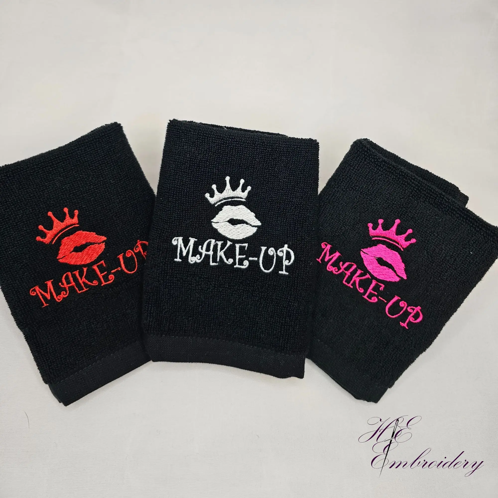 Makeup Removal Embroidered Reusable Towels - Soft Plush Cotton 12 x 12 Washcloths - Black - MakeUp Lips Crown