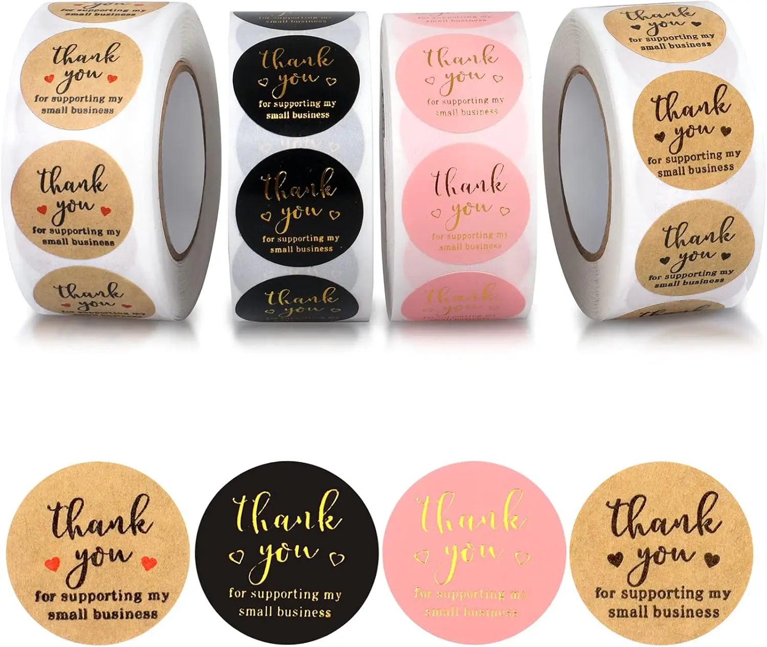 1-Inch Round Self-Adhesive Thank-You Labels, Waterproof PVC Small Business Packaging Tags, Strong Stickiness, 3-Color, 4 Rolls (500 Sheets/Roll, 2000 Total) for Small Businesses, Activities to Express Your Thanks