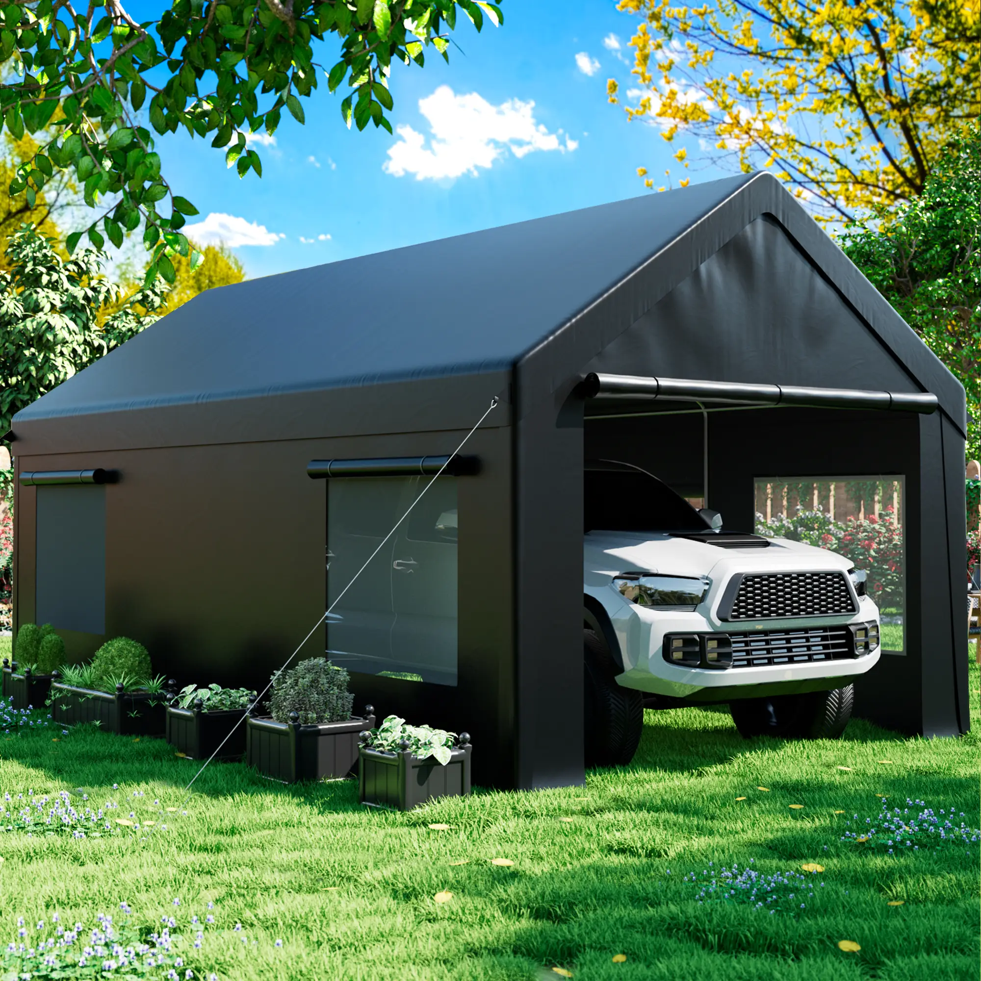12x20 FT Carport Heavy Duty Carport with Roll-up Windows, Portable Garage with Removable Sidewalls & Doors, Car Canopy with Enhanced Base for Car Boat