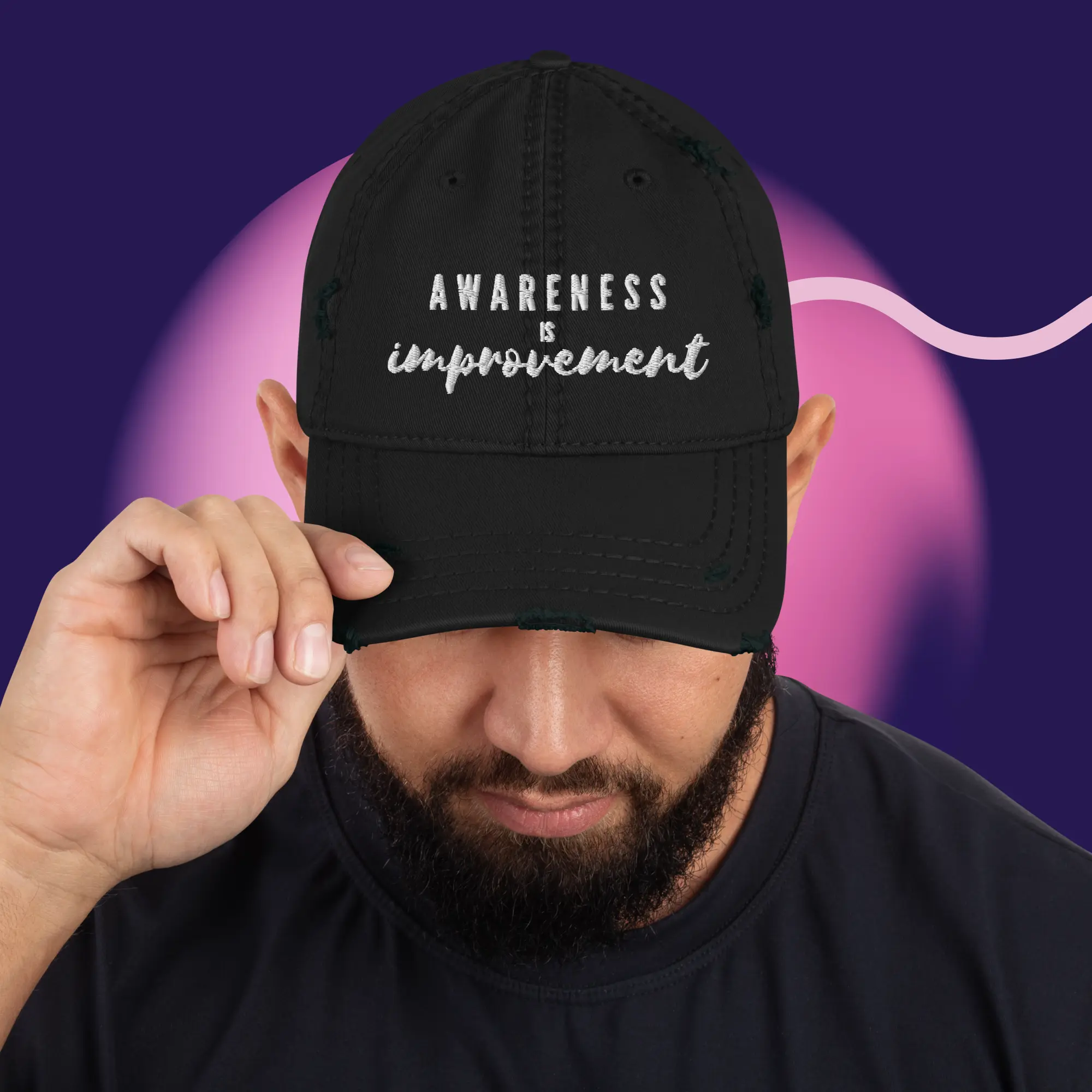 Awareness is Improvement Cap The fabric on its brim and crown is distressed, giving the hat an edgy look