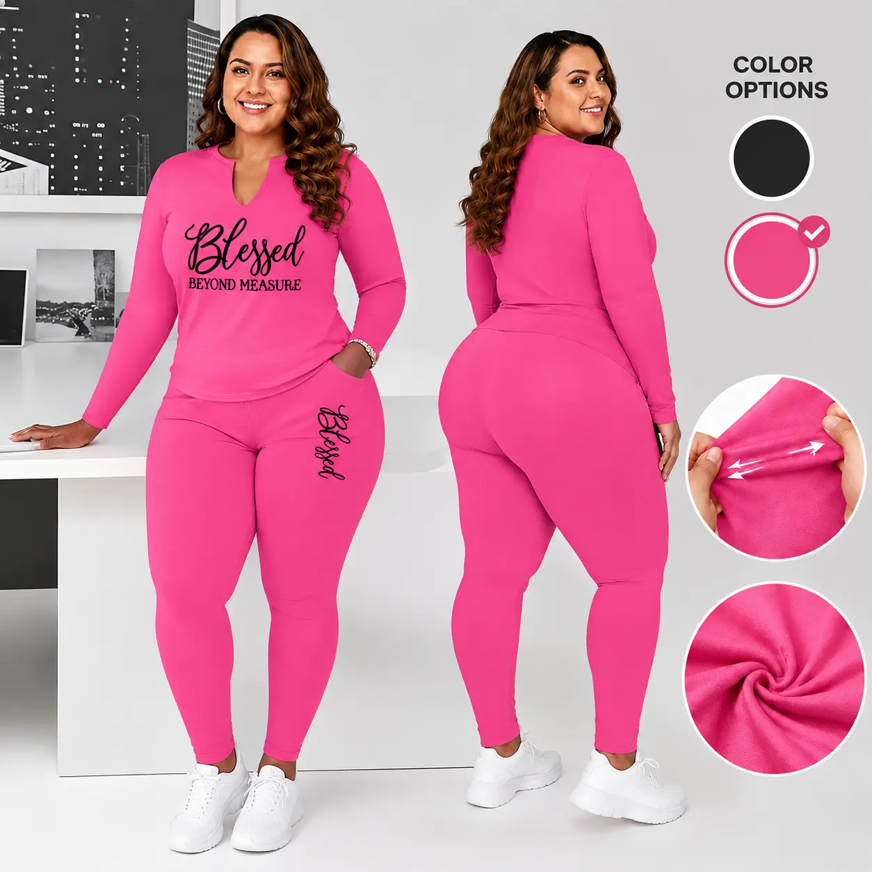 Women’s Plus-Size 2-Piece Workout Pants Set - Soft Stretchy Polyester-Spandex Fitness Suit, V-Neck T-Shirt, Elastic Waist Long Pants, Relaxed Fit Thermal-Lined Leisure Sports Exercise Clothing for Gym & Summer Lounging, Plus Size 2 Piece Workout Sets, Fit