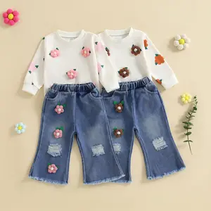 Toddler Baby Girls Fall Clotehs 2-Piece Casual Crochet Flowers Long Sleeve Sweatshirt and Elastic Ripped Denim Flare Pants Set Little Kids Girl Outift