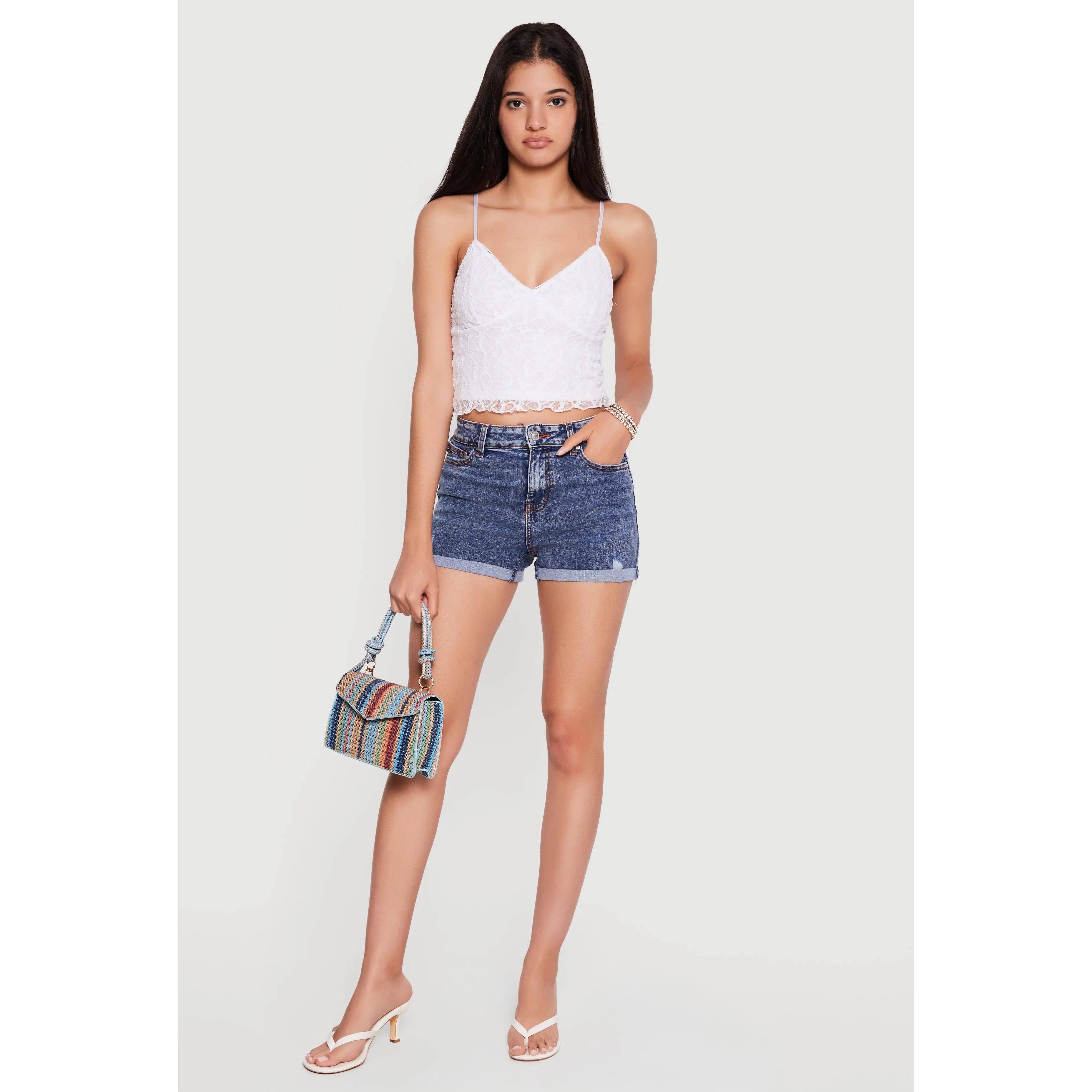 WAX Acid Wash Denim Distressed Fixed Cuff Shorts