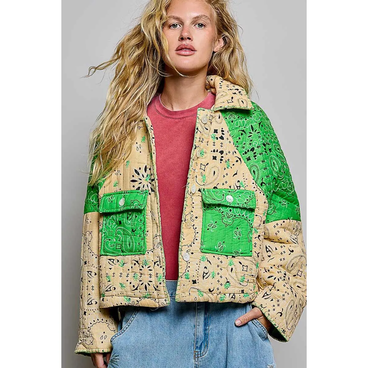 Sand and Green Paisley Quilted Patchwork Jacket