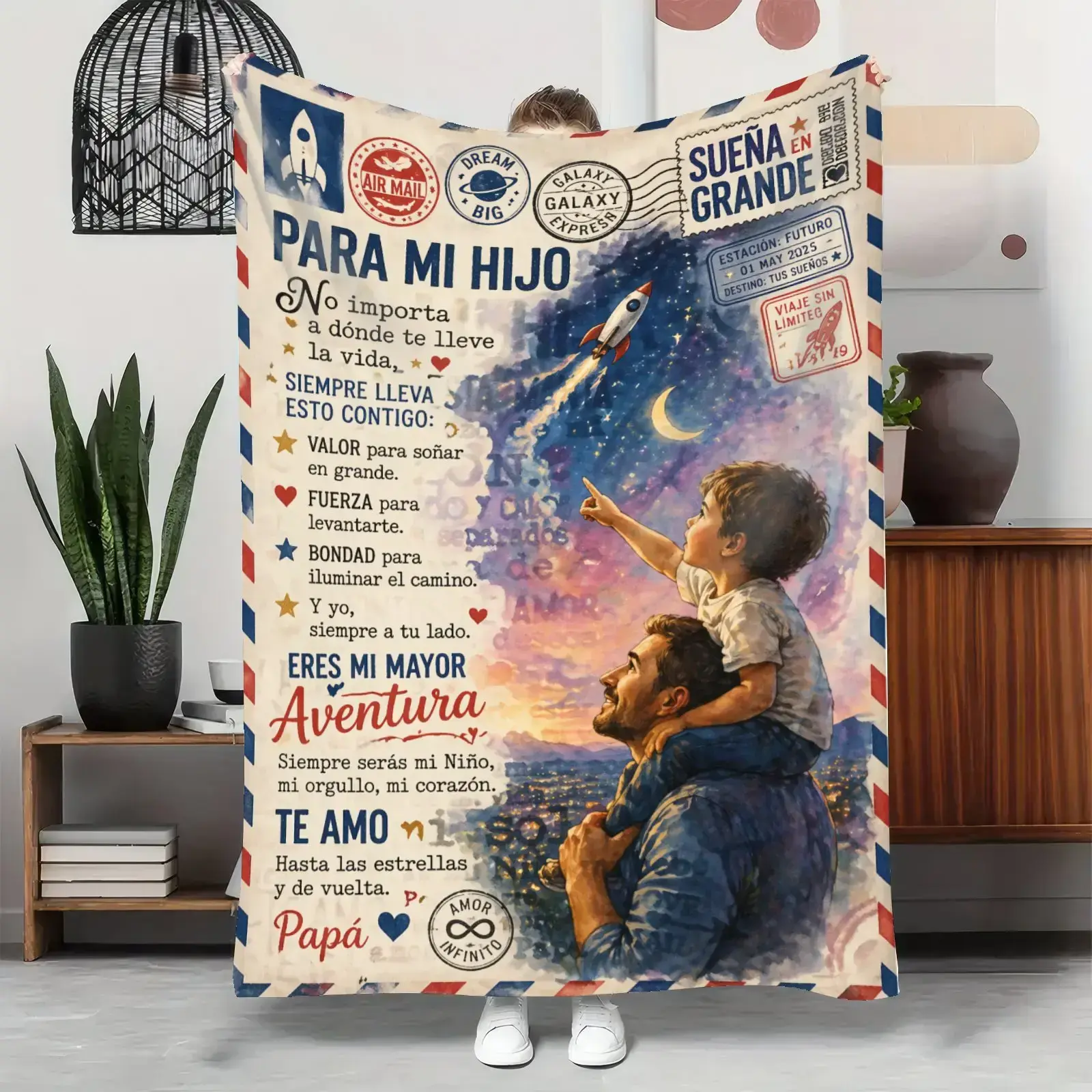 Para Mi Hijo Letter From Dad Air Mail Flannel Throw Blanket Spanish Father Son Rocket Dream Quote Ultra Soft Cozy Warm Blanket For Son Birthday Graduation Gift