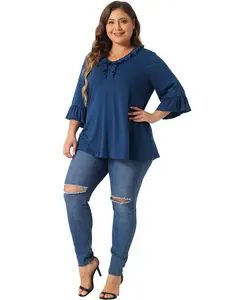 Agnes Orinda Plus Size Women's Ruffle Blouse 3/4 Sleeve V Neck Business Elegant Casual Tunic Dressy Top