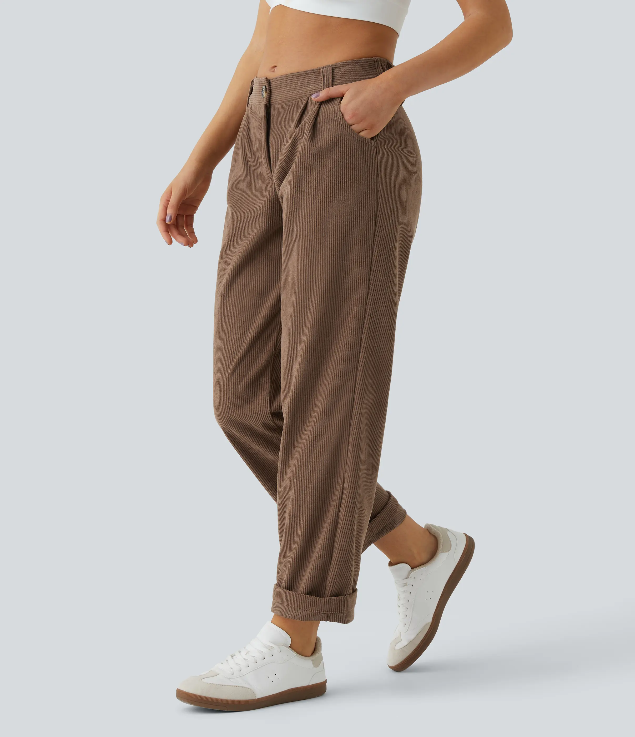 Halara Mid Rise Button Zipper Side Pocket Corduroy Casual Pants Halara Mid Rise Button Zipper Side Pocket Corduroy Casual Pants