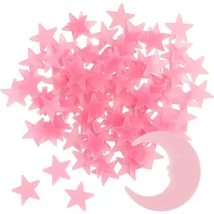 100 Stars and 1 Moon Glow in The Dark Luminous Fluorescent 3D Plastic Glow Stars Moon for Ceiling, Glowing Wall Stickers Create a Realistic Starry Sky Room Decorations (Pink)