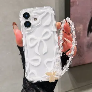 Elegant Bow Pattern Phone Chain Strap, Transparent Full Coverage Tpu Case, Casing, Anti-Drop Thickened Cover Compatible with iPhone Models, Protective Accessories