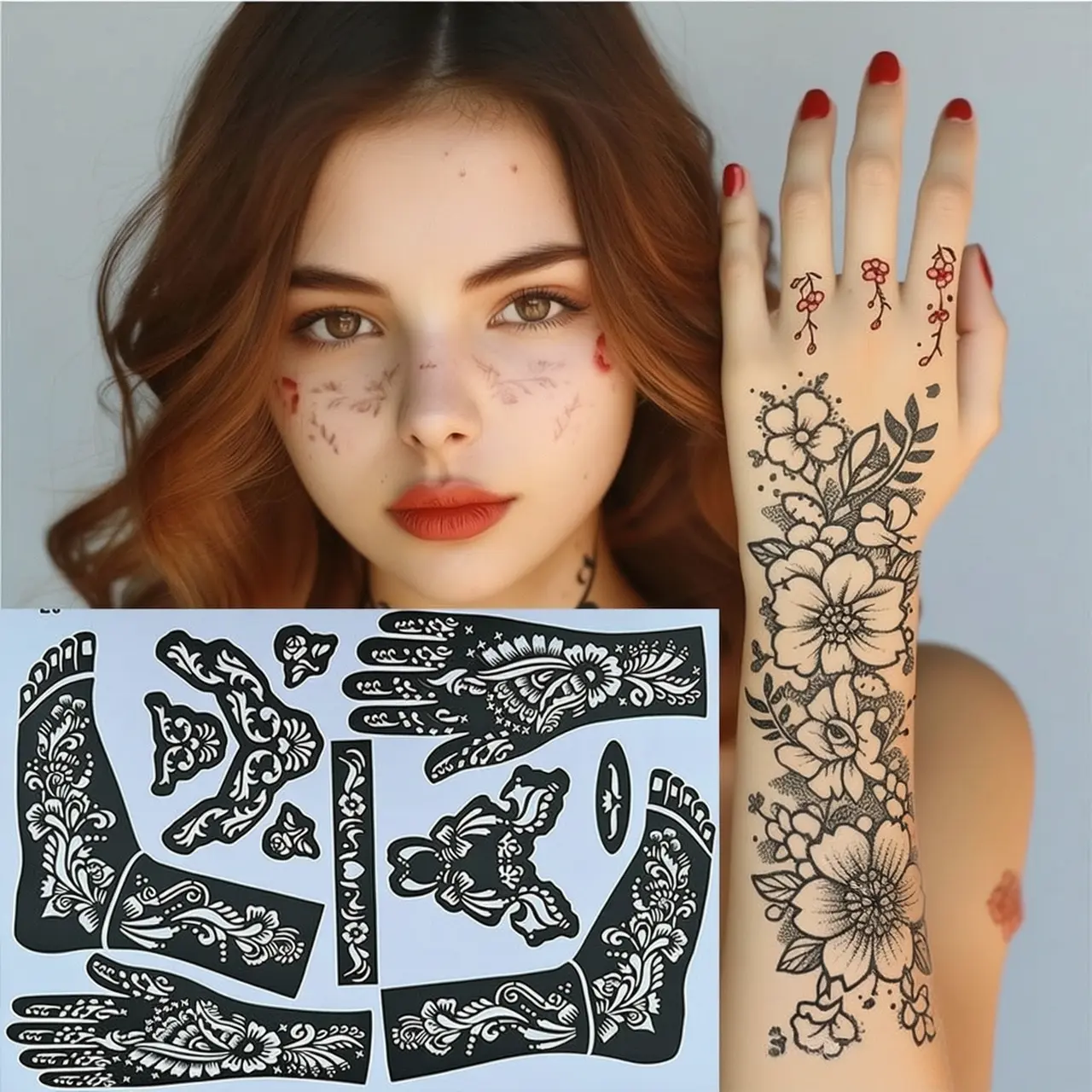 Indian Henna Tattoo Large Pattern Template Temporary Tattoo Hand and Foot Spray Painting Tools Herbal Juice Tattoo Stickers