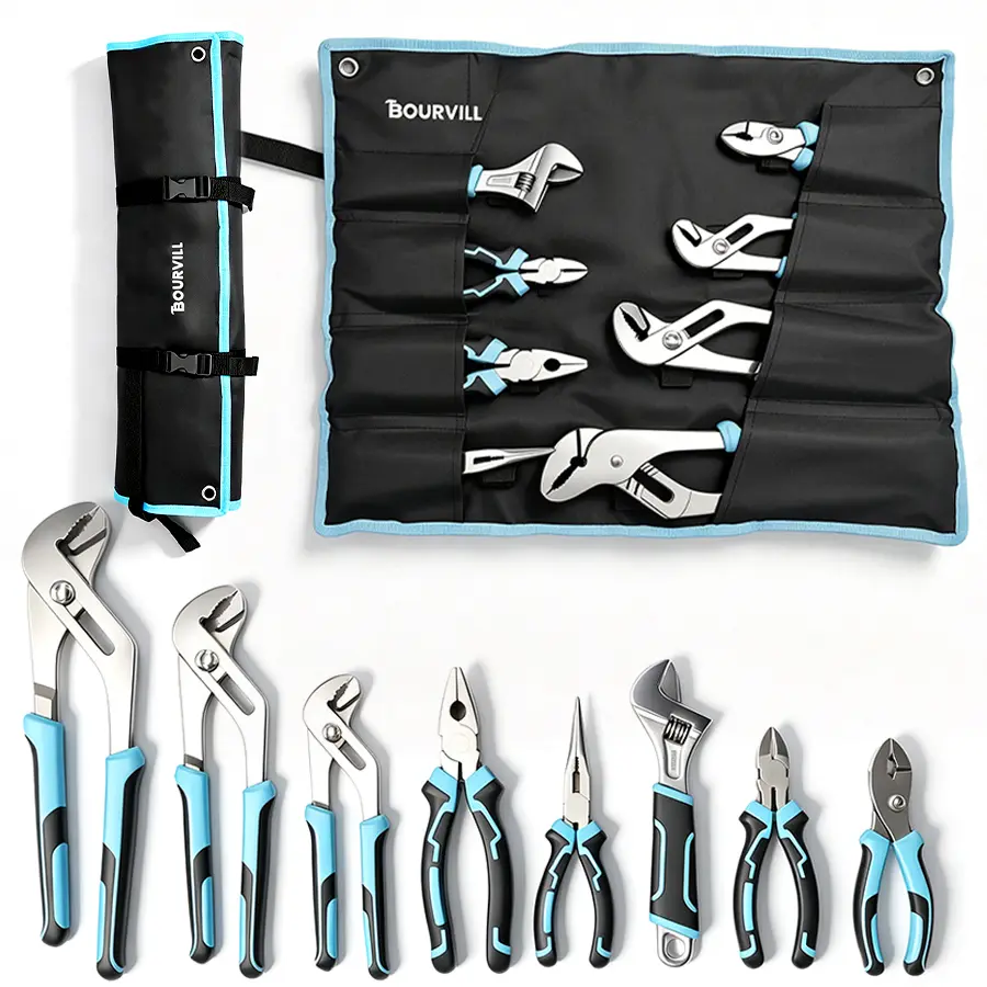 Pliers Set 8-Piece 12", 10", 8"，6"Groove & Linesman's Plier & Wrench For Round, Square, Hexagonal, Flat Objects, Adjustable, High Carbon Steel, with Tool Bag, Secondary Heat Treatment Process