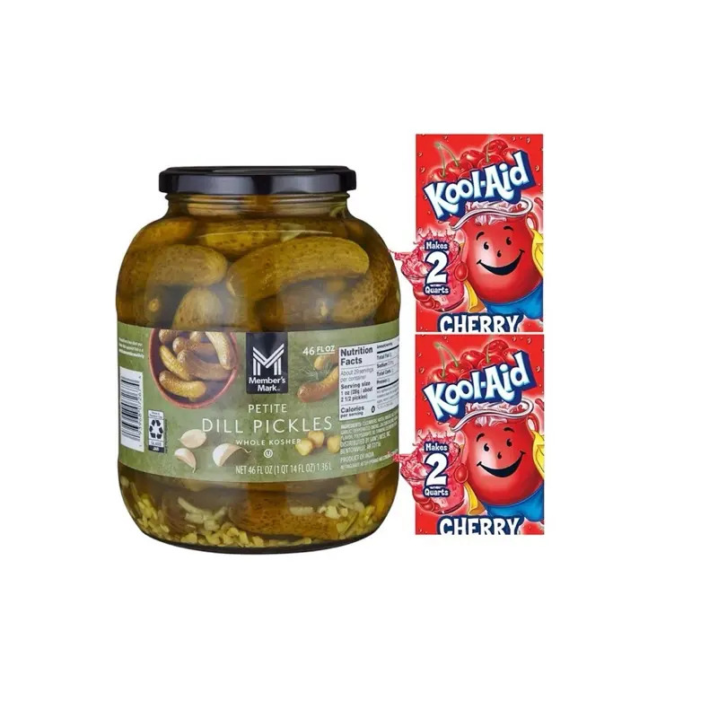 Petite Dill Pickle Whole Kosher With Cherry Koolaid- 1 46 oz Jar of Pickle and 2 Koolaid packets