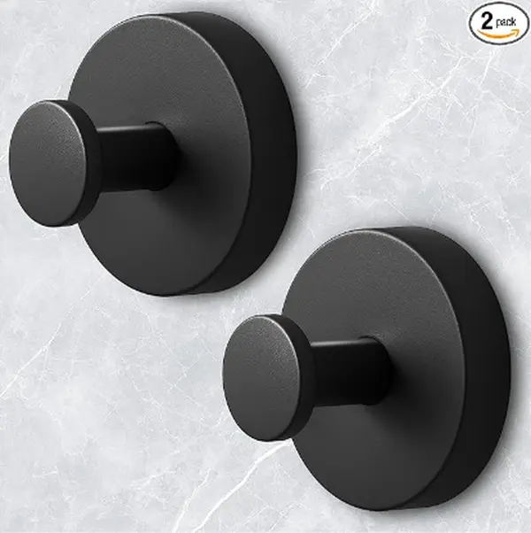 2-pack removable black suction hook set, no drilling required, strong adhesion hooks, waterproof and rustproof towel hooks, reusable bathroom and kitchen storage organizer accessories, hat/mirror hooks