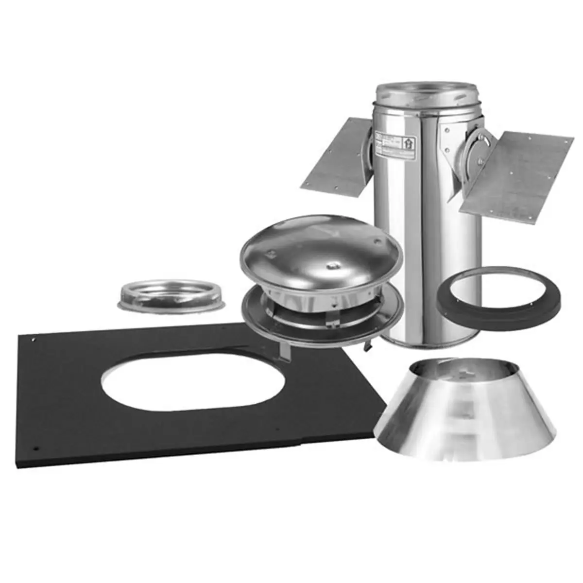 212 MAIN 8-In Pitched Ceiling Support Kit - Stainless Steel Metal Pipe (18-In Length), Adjustable Design, Round Top Roof Flashing, Ceiling Plate, Installation Package Included