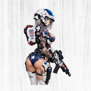 USA 250 Cyber Armor Girl Sticker, Patriotic Sci Fi Soldier With Rifle and Flag Suit Decal