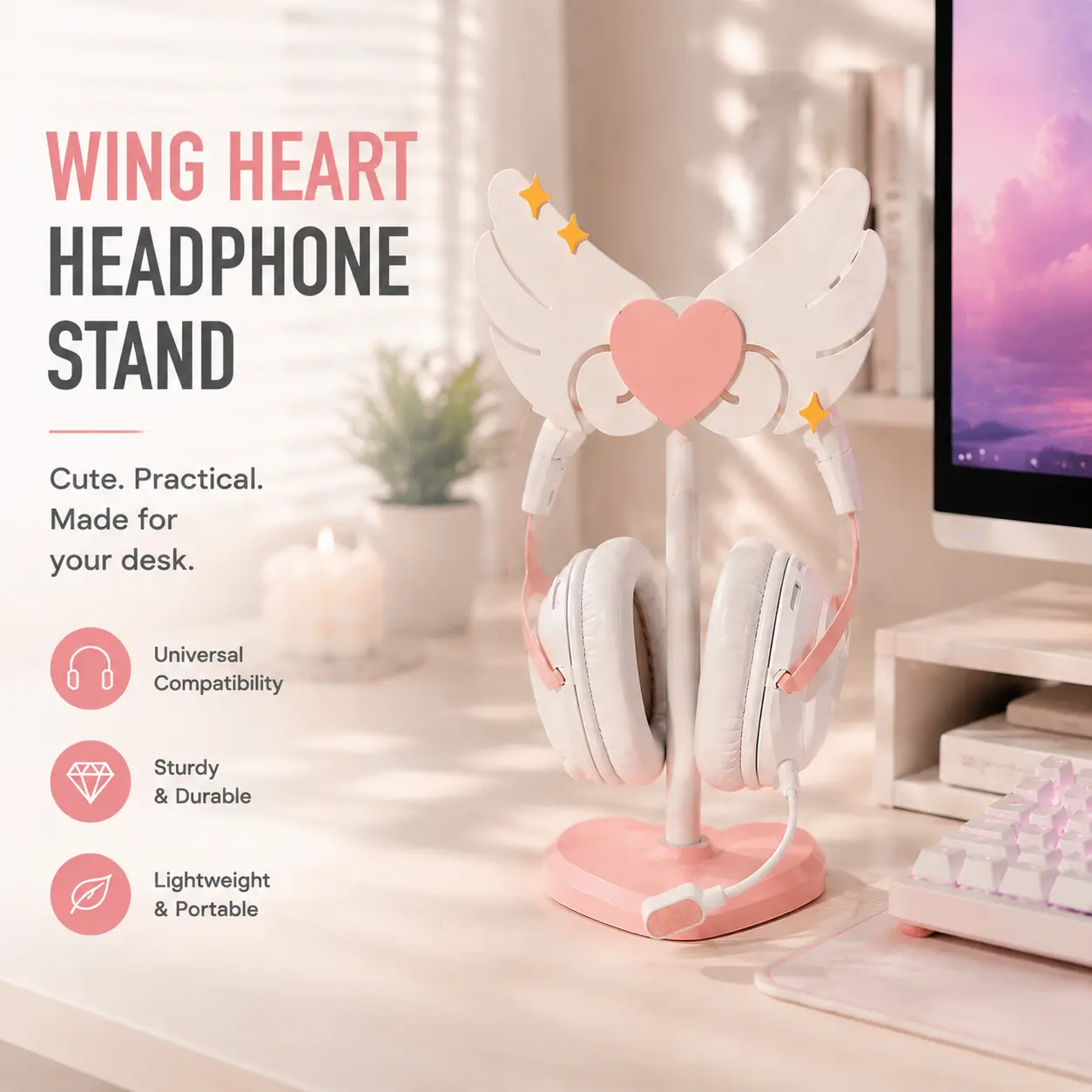 Magical Girl Heart Wing 2-in-1 Headset & Controller Holder, Cute Pink Aesthetic Gaming Computer Desks Decor, Kawaii Party Gift for Gamer Girls