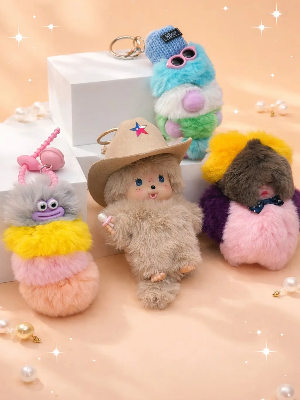 Cute Monkey Bag Charm Keychain, Soft Faux Fur Pom-Pom Plush Character, Lightweight Fashion Accessory for Girls' Purses & Backpacks, Cute Keychain Accessory, Lightweight Keychain