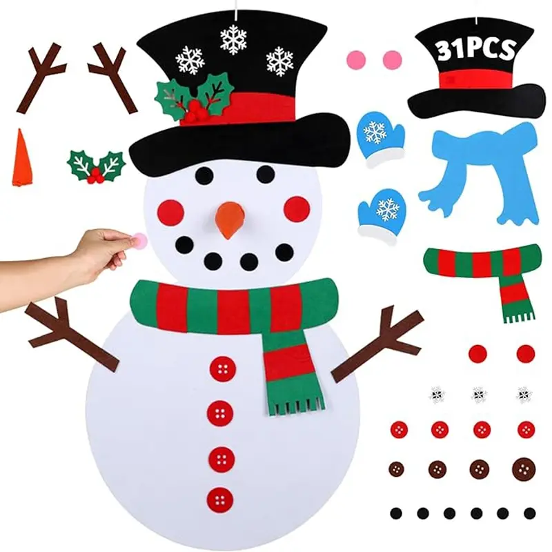 DIY Felt Christmas Snowman Dress-Up Game Set, Includes 31 Detachable Decorations, Wall Hanging Holiday Gift, Perfect for Kids Home Decoration Party Supplies