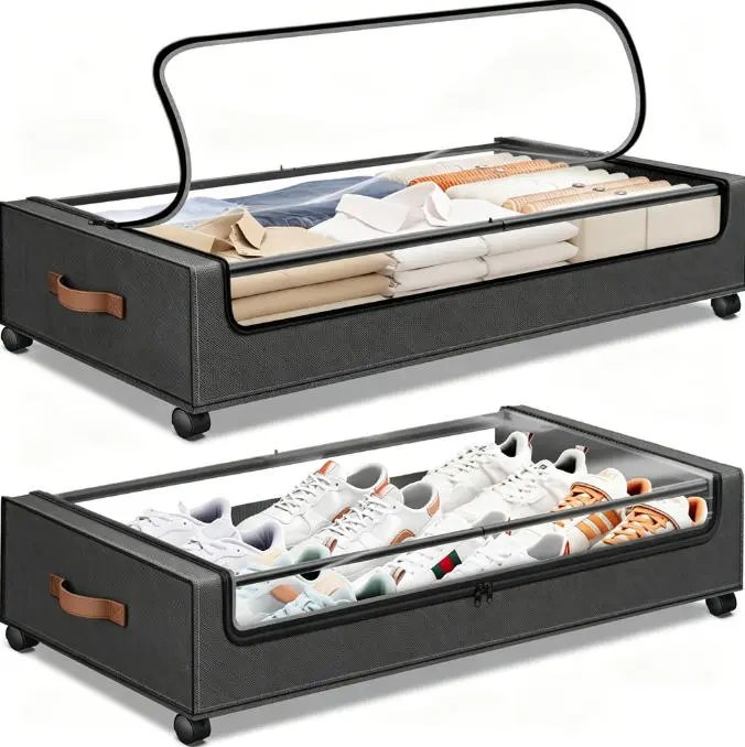 Under Bed Storage with Wheels 2Pack Storage Containers with Clear Window&Label Under Bed Drawers Rolling Under Bed Storage for Clothes,Shoes, Blankets (30.71 x 16.93 x 6.69 in, Dark Grey) Organizer