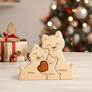 Wooden Cat Family Ornament, Creative Animal Design Desktop Decoration, Home Decor for Living Room Bedroom Coffee Table TV Cabinet