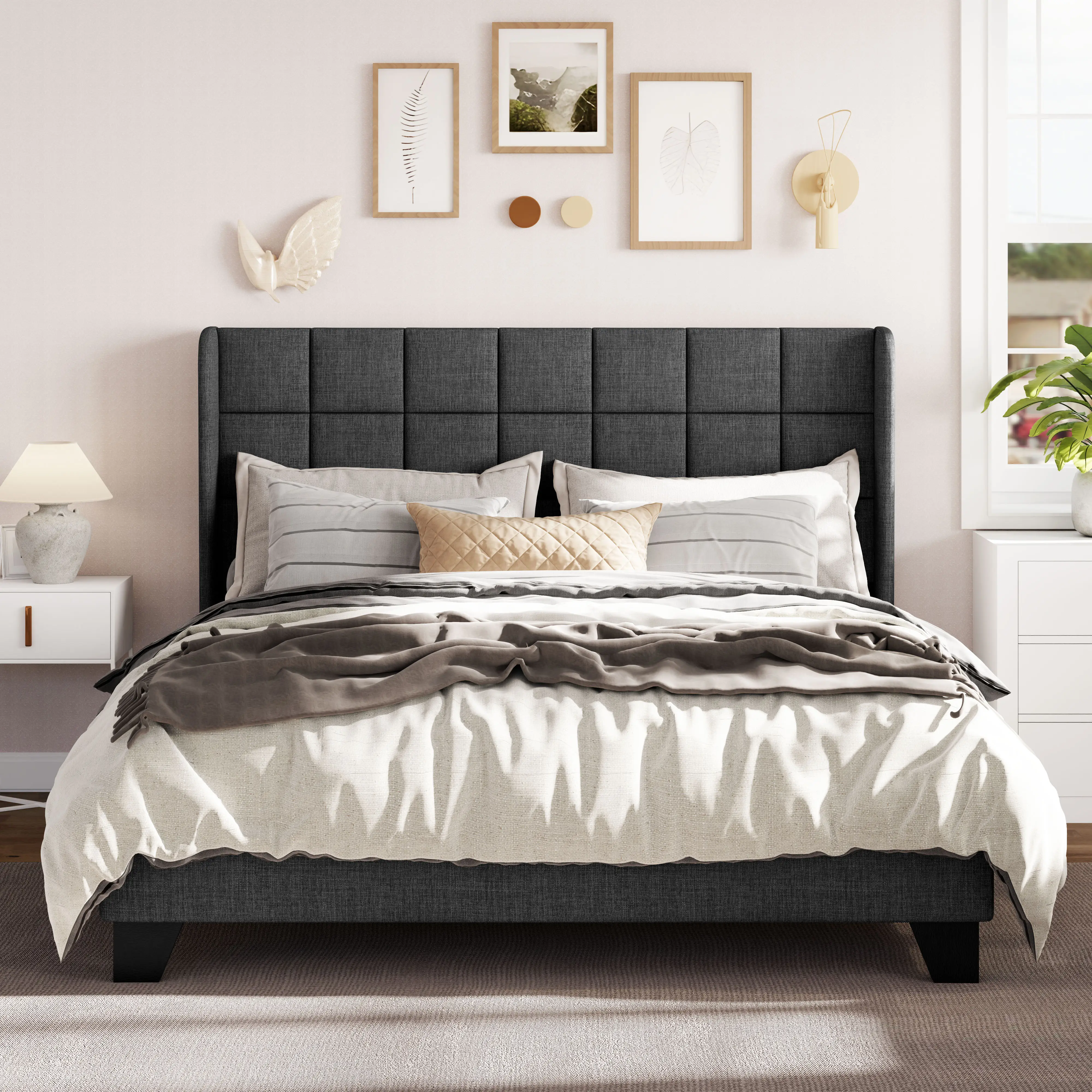 Allewie Full/Queen/King Upholstered Platform Bed Frame - 【Frame Only No Mattress】Wingback Square-Stitched Headboard with Wooden Slats, Dark Blue/Dark