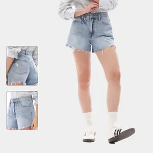 Summer Women's High Rise Jeans Shorts Raw Edge Casual Denim Shorts Outfits Mini Fitted Cotton Zipper Closure Five-Pocket Basic Bottoms