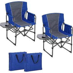 2 Pcs Folding Camping Chairs for Adults, Portable Lawn Chair with Side Table, Side Pocket & Beverage Holder, Heavy Duty Director Chair for Outside Rv Beach Yard Garden Deck