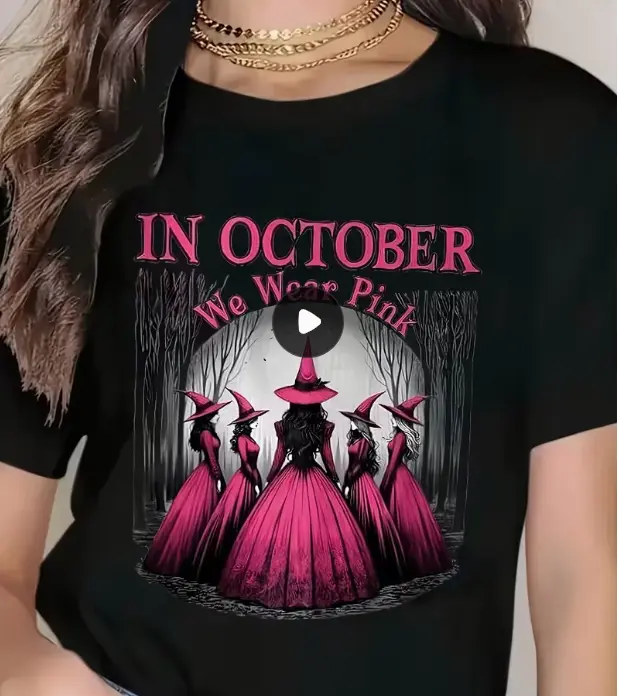 Women's Gothic Witch T-Shirt - Pink & Black Suitable for Halloween Costumes with Witches' Hats & Bats Print, Crew Neck Casual Tee for October Parties, Themed Outfits, Machine Washable Witch Design (Pink/Purple/Pink)