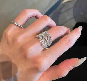 Dancing Ballet Hollow Grid Wide Edition Micro-diamond Lace Shining Ring Heavy Industrial Light Luxury Personality Ring for Women