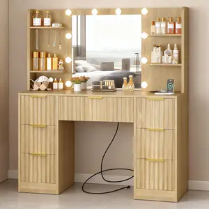 Fluted LED Vanity Desk with Mirrored Lights,Modern Big Makeup Table with Power Outlet, 6 Shelves & 7 Drawers, 3 Color Lighting Modes, Dressing Table Vanity Set for Bedroom, Oak