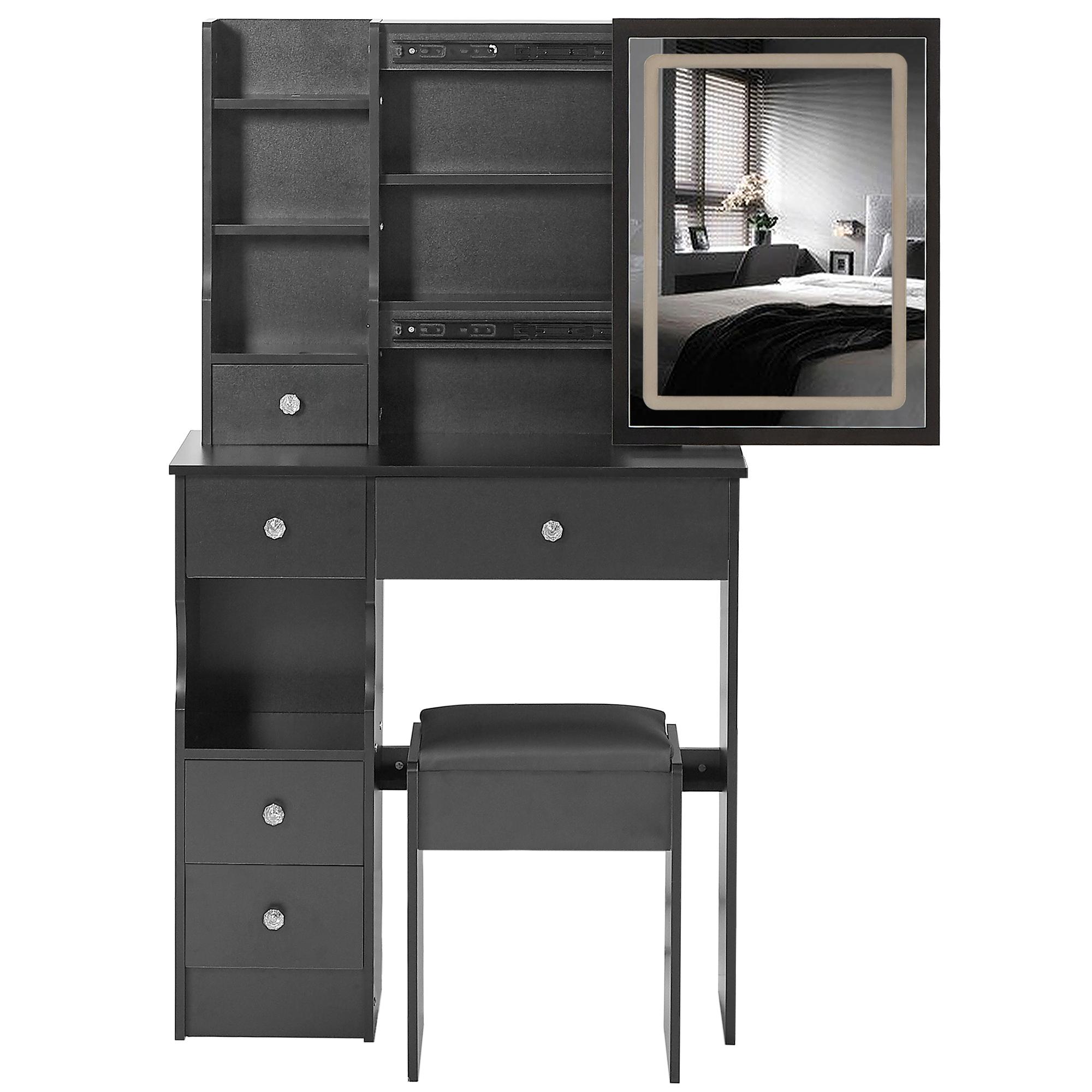 29.2" Small Size Left Drawer Desktop Vanity Table + Cushioned Stool, Large Sliding, Touch Control, Tri-color Switching, Brightness Adjust LED Mirror, High Capacity Storage, Suitable for Small Space