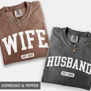 Comfort Colors Husband and Wife Matching T-Shirts, Custom EST Year Couple Shirts, Anniversary Gift for Husband and Wife, His and Hers Outfit, 5th 10th 20th 25th Anniversary, Casual Wear - AL