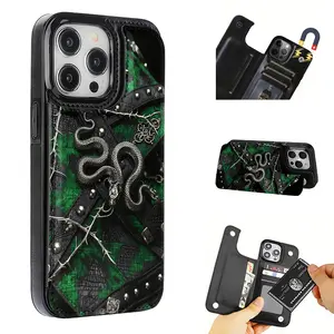 Creative Silver Snake Pattern Leather Card Holder Phone Case, Suitable for iPhone 17 Air/16 Plus/15 Pro Max/14 Pro/13/12/11/XS Max/X Phone Case, Perfect Gift for Thanksgiving and Christmas for Family, Friends, Lovers, Boyfriend, Girlfriend