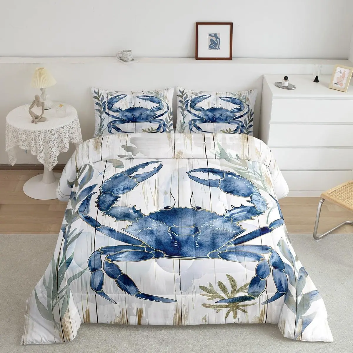 Crab Comforter Set Ocean Life Bedding Set Watercolor Marine Life Sea Wild Animals Down Comforter Blue Green Seaweed Botanical Seaside Vintage Rustic Wooden Grain Retro Duvet Insert