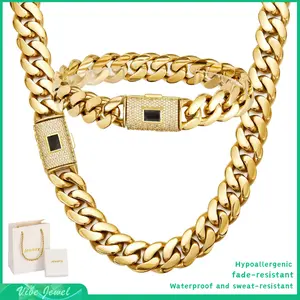 14mm Iced Out Cuban Chain Necklace & Bracelet Set – 14K Gold-Plated Chunky Hip Hop Set for Men with 5A+ CZ Clasp (16–30-inch Necklace, 7.5–8.5-inch Bracelet)