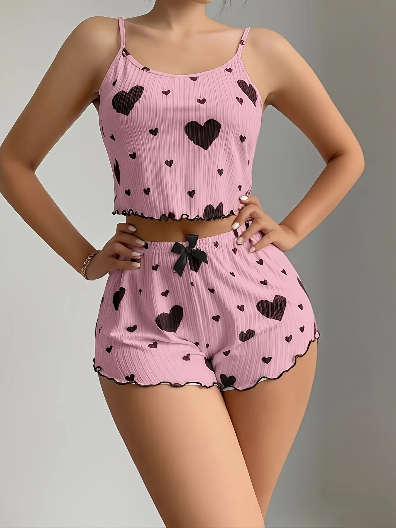 Ladies pajama set love pattern soft and comfortable pajamas with pants suspenders,Knit Fabric,New Summer Thin Pajamas Solid Color Polyester Leisure Suit Homewear Set Sling Shorts Ladies