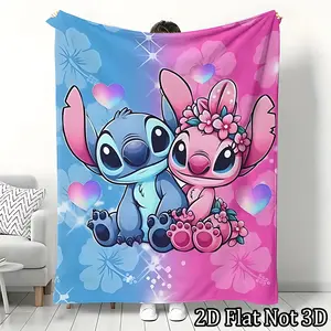 DISNEY CLASSIC Stitch & Angel Flannel Blanket - Soft, Warm, Lightweight with Vibrant Cartoon Design, Sofa, Bed, Office, Blanket for Couch