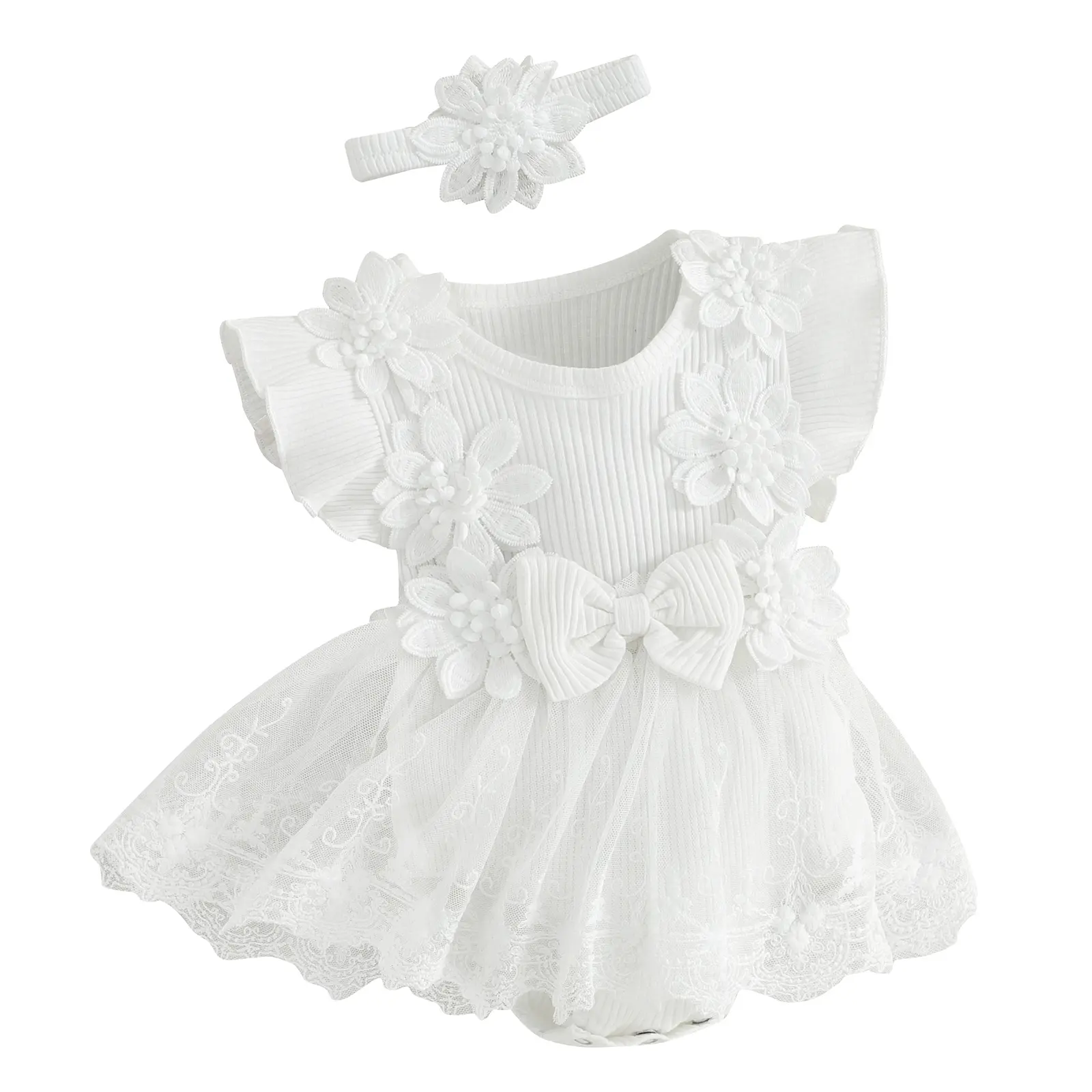 Infant Baby Girl White Baptism Dress 3D Lace Flower Tulle Romper Gown + Matching Headband Set Special Occasion Formal 0-18 Months