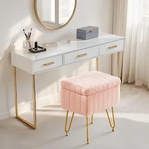 Faux Fur Vanity Stool with Storage, Soft Padded Ottoman Makeup Stool with 4 Metal Legs Anti-Slip Adjustable Feet, Modern Multifunctional Footrest Seat for Bedroom Entryway Home