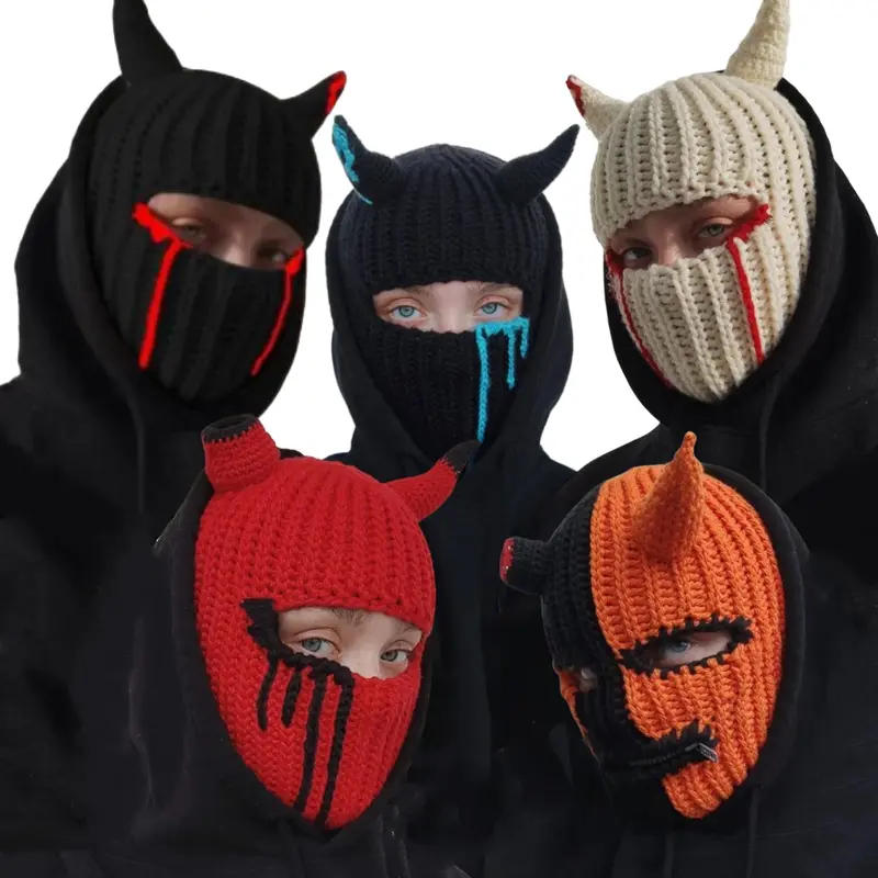 1pc Unisex Multi-Color Horn Balaclava Hat With Blood Stains Mask Warm Knitted Ski Cap Novelty Halloween Party Face Cover